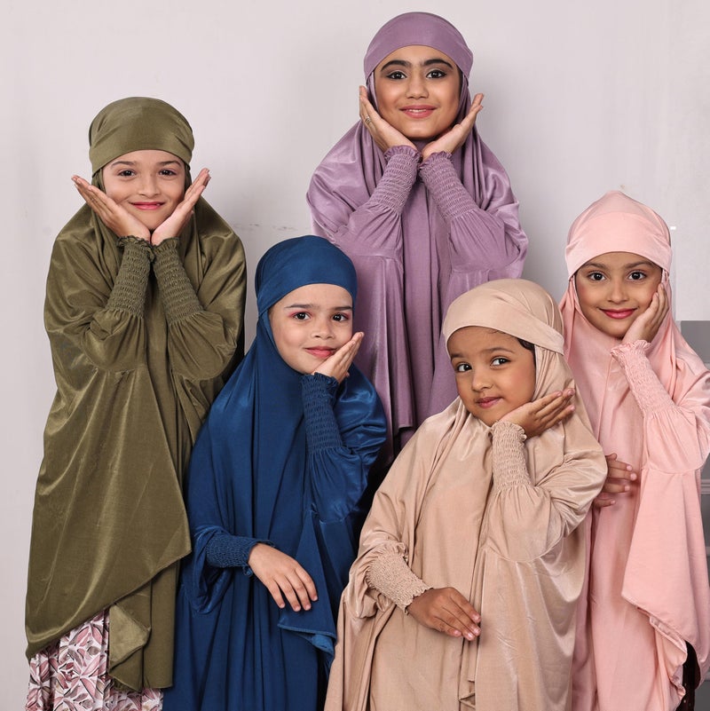 ICW Girls' Prayer Polyknit Jersey Islamic Long-Sleeves with Smocking Jilbab Khimar MakhanaHijab For Kids (Peacock, 3-7 Years (36 inch Lenght)) - Image 4