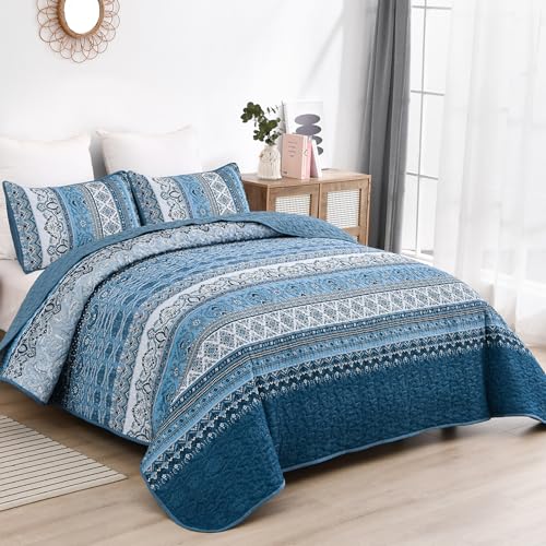 WONGS BEDDING Blue Quilt Set Queen Size Bohemian Stripe 3 Pieces Quilts Bedspread Set Boho Lightweight Microfiber All Season Bedding Coverlet Set for Queen Bed 96x90 - Image 3