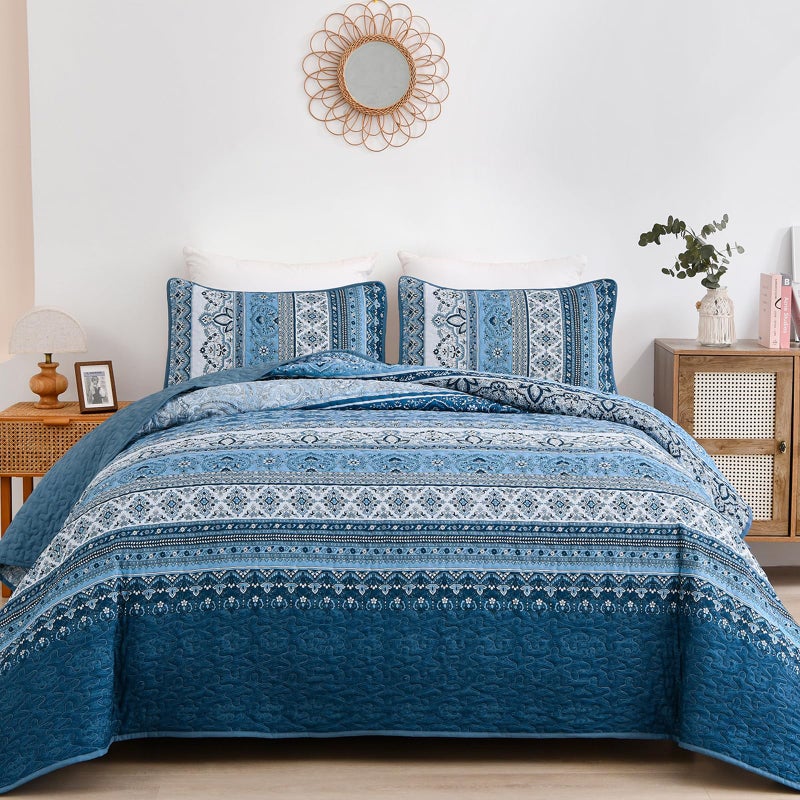 WONGS BEDDING Blue Quilt Set Queen Size Bohemian Stripe 3 Pieces Quilts Bedspread Set Boho Lightweight Microfiber All Season Bedding Coverlet Set for Queen Bed 96x90 - Image 2