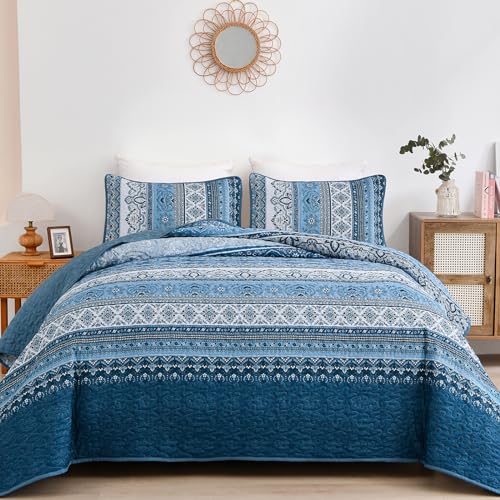 WONGS BEDDING Blue Quilt Set Queen Size Bohemian Stripe 3 Pieces Quilts Bedspread Set Boho Lightweight Microfiber All Season Bedding Coverlet Set for Queen Bed 96x90 - Image 1