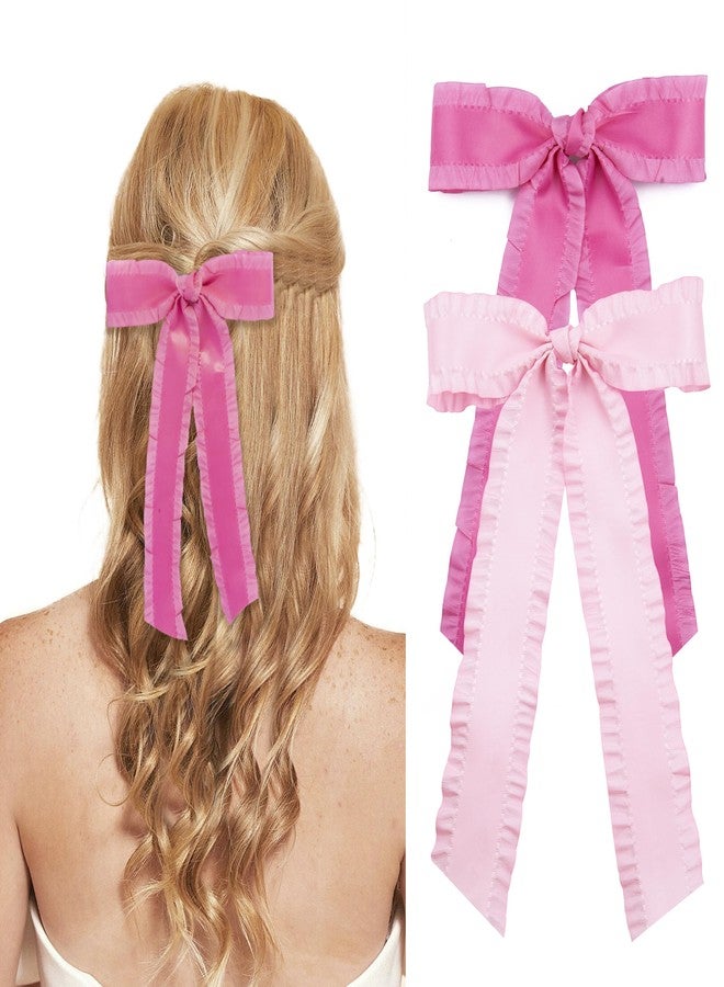 جيلي قطعتان من ربطات الشعر للنساء والفتيات، ربطة شعر بمشابك معدنية، إكسسوارات لطيفة من شريط الساتان بحافة مكشكشة للأطفال الصغار والمراهقين (وردي فاقع، وردي) - Image 1