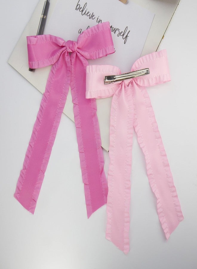 جيلي قطعتان من ربطات الشعر للنساء والفتيات، ربطة شعر بمشابك معدنية، إكسسوارات لطيفة من شريط الساتان بحافة مكشكشة للأطفال الصغار والمراهقين (وردي فاقع، وردي) - Image 5