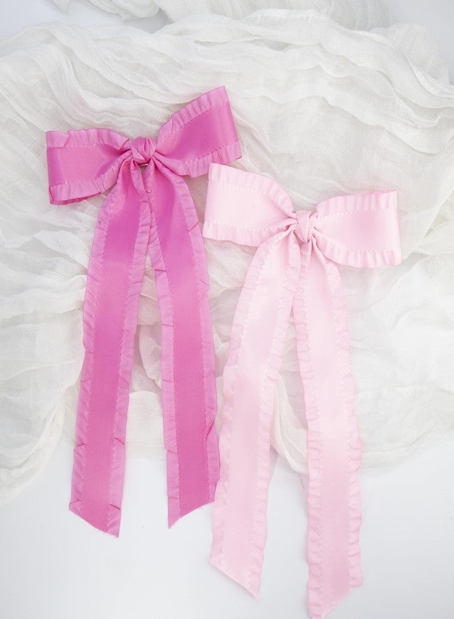 جيلي قطعتان من ربطات الشعر للنساء والفتيات، ربطة شعر بمشابك معدنية، إكسسوارات لطيفة من شريط الساتان بحافة مكشكشة للأطفال الصغار والمراهقين (وردي فاقع، وردي) - Image 4