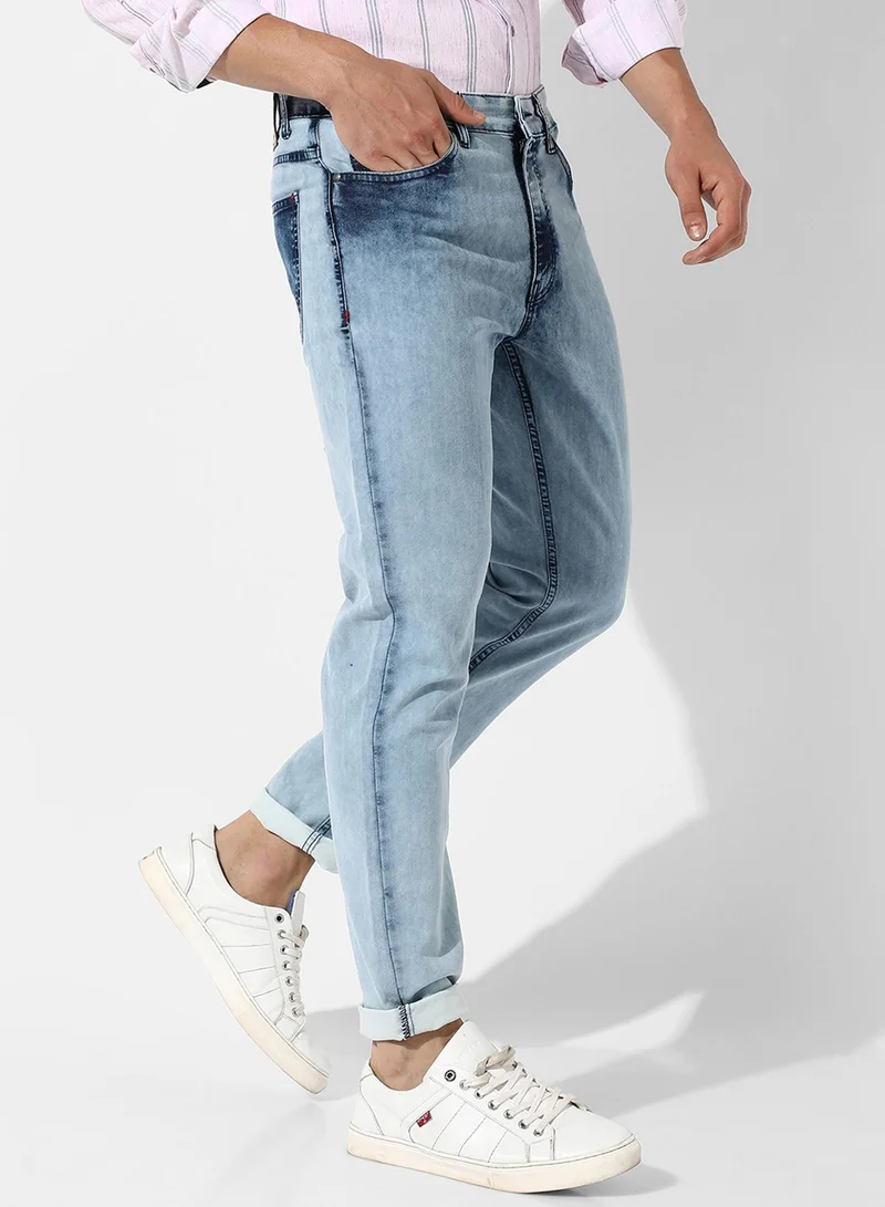 Campus Sutra Campus Sutra Men's Classic Solid Light Blue Light-Washed Skinny Fit Denim Jeans | Stretchable Cotton Mid-Rise Denim Jeans Crafted With Comfort Fit For Everyday Wear