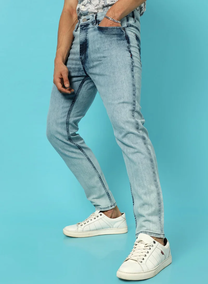 Campus Sutra Campus Sutra Men's Classic Solid Light Blue Light-Washed Skinny Fit Denim Jeans | Stretchable Cotton Mid-Rise Denim Jeans Crafted With Comfort Fit For Everyday Wear