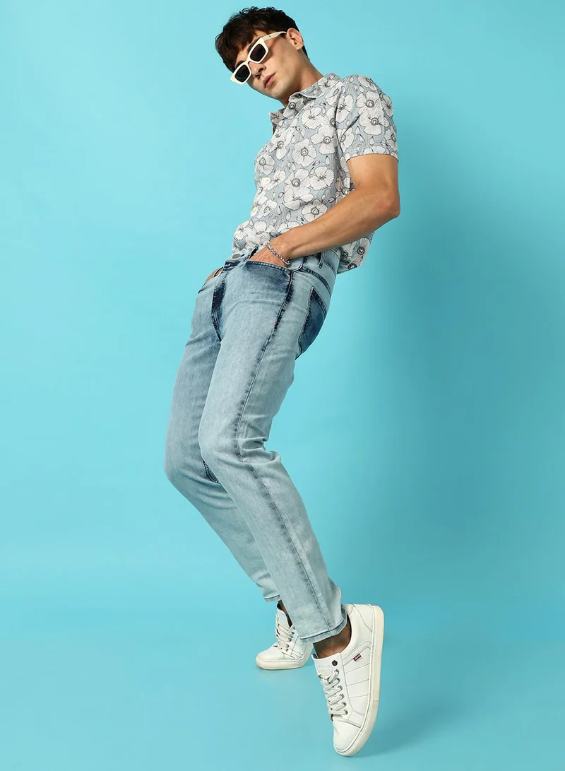 Campus Sutra Campus Sutra Men's Classic Solid Light Blue Light-Washed Skinny Fit Denim Jeans | Stretchable Cotton Mid-Rise Denim Jeans Crafted With Comfort Fit For Everyday Wear