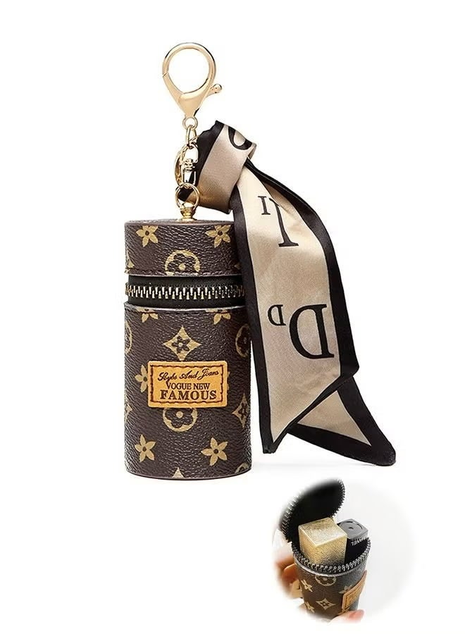 Beyond Silk Scarf Leather Cosmetic Bag Organizer, Portable Travel Lipstick Bag with Keychain, Makeup Storage Bag Holder for Purse Perfume Fingernail Polish (Brown) - Image 1