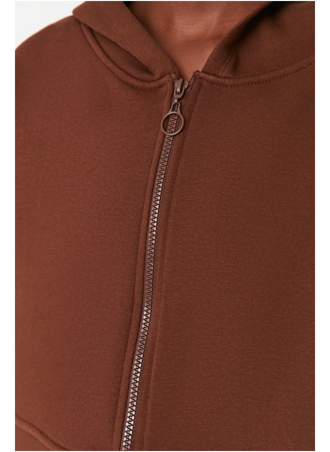 trendyol - Brown with Zipper Hoodie, Relaxed-Cut Crop, Fleece Inside Knitted Sweatshirt TWOAW20SW0660. - Image 1