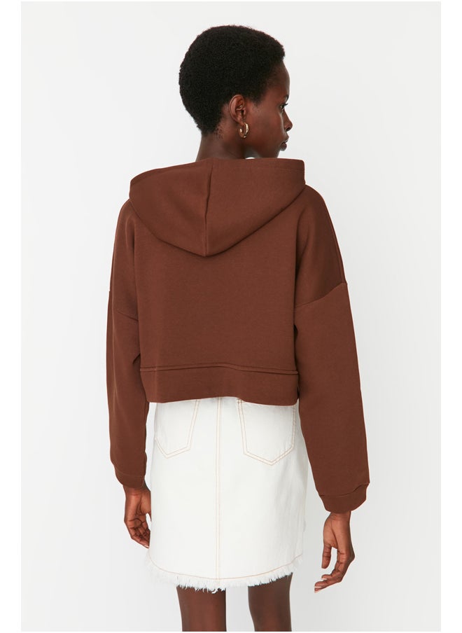 trendyol - Brown with Zipper Hoodie, Relaxed-Cut Crop, Fleece Inside Knitted Sweatshirt TWOAW20SW0660. - Image 1