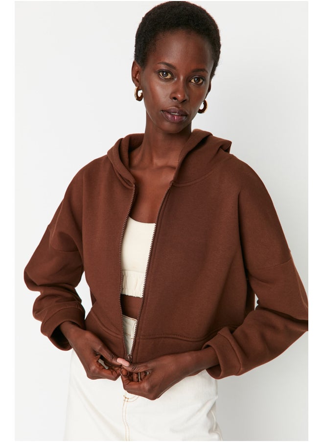 trendyol - Brown with Zipper Hoodie, Relaxed-Cut Crop, Fleece Inside Knitted Sweatshirt TWOAW20SW0660. - Image 1