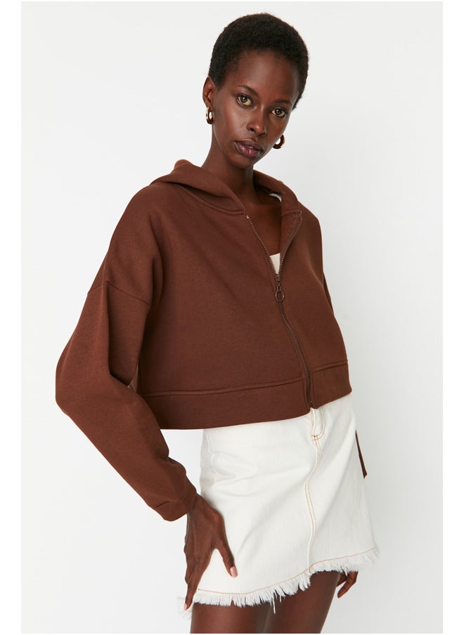 trendyol - Brown with Zipper Hoodie, Relaxed-Cut Crop, Fleece Inside Knitted Sweatshirt TWOAW20SW0660. - Image 1