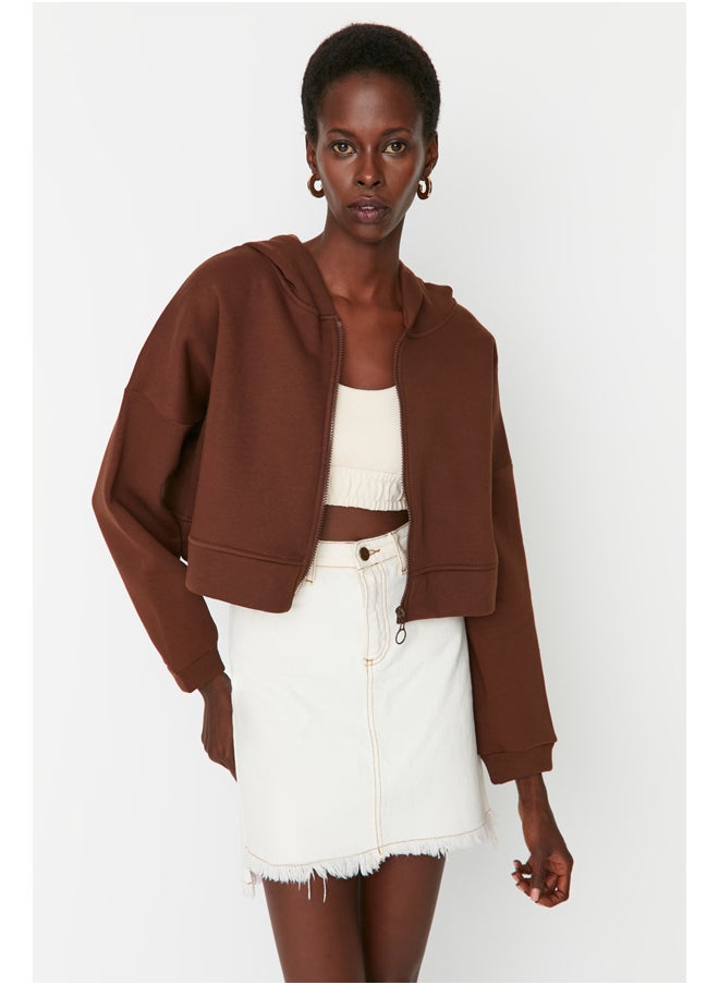 trendyol - Brown with Zipper Hoodie, Relaxed-Cut Crop, Fleece Inside Knitted Sweatshirt TWOAW20SW0660. - Image 1