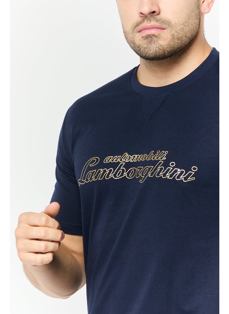 LAMBORGHINI - Men Crew Neck Short Sleeves Brand Logo T-Shirt, Navy - Image 1
