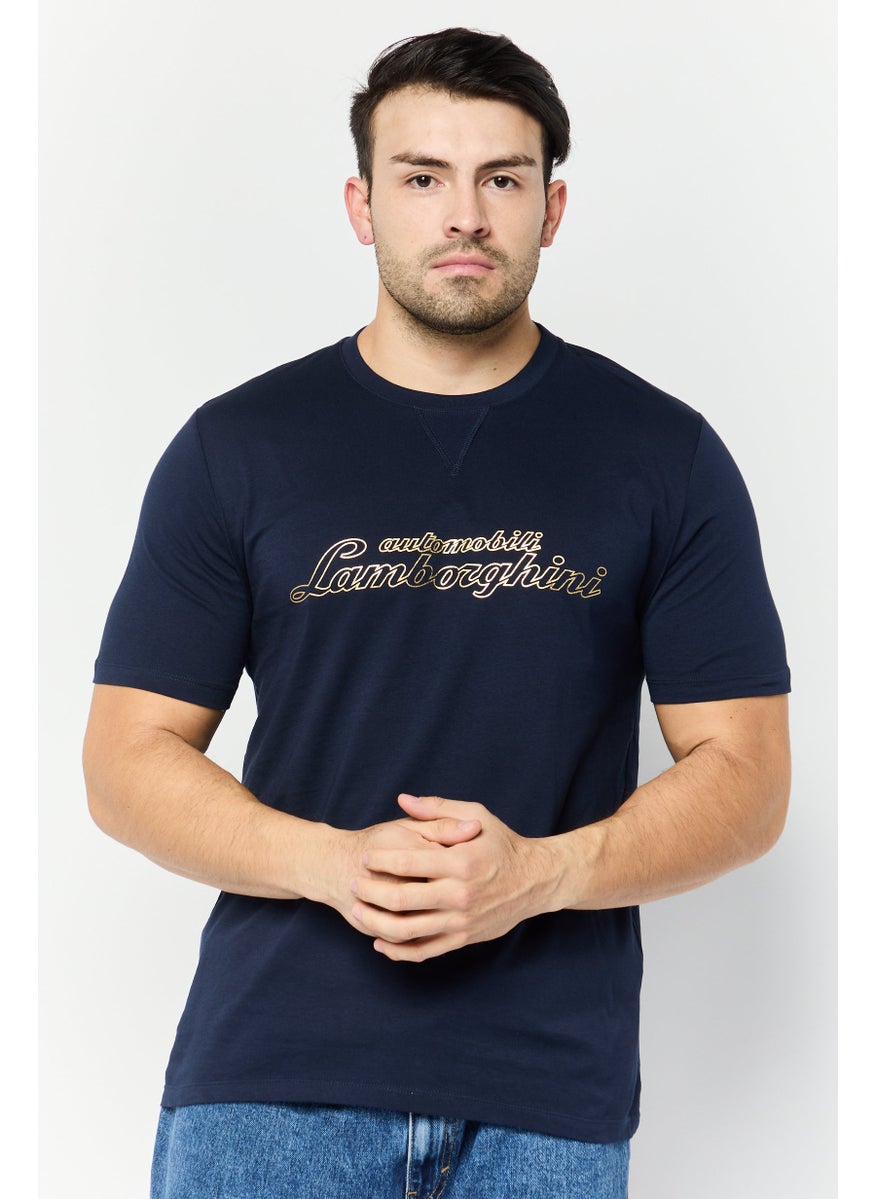 LAMBORGHINI - Men Crew Neck Short Sleeves Brand Logo T-Shirt, Navy - Image 1