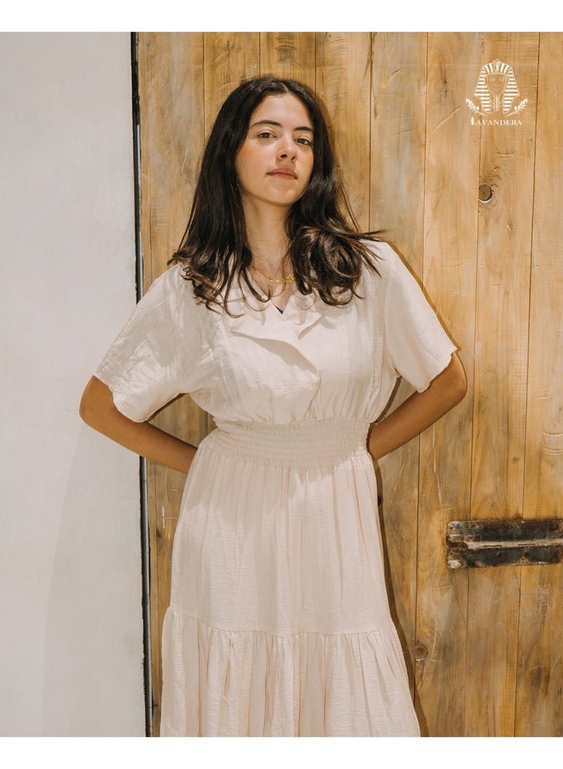 Lavandera Women's Maxi Dress, Pure Linen, Shrinkage and Wrinkle Resistant, Collared Neckline, Tiered Skirt, Elasticated Waist
