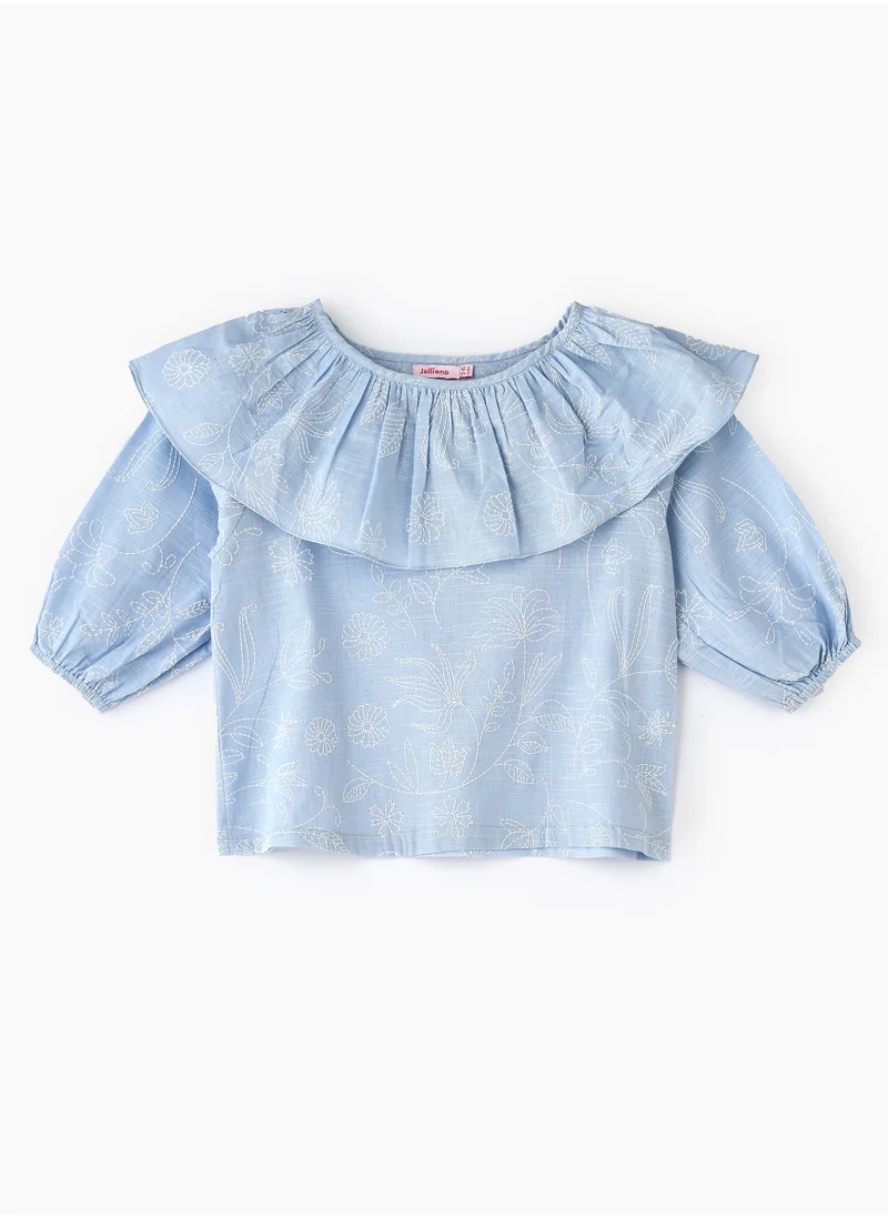 Jelliene Girls' Blue Frill Neck Embroidered Top