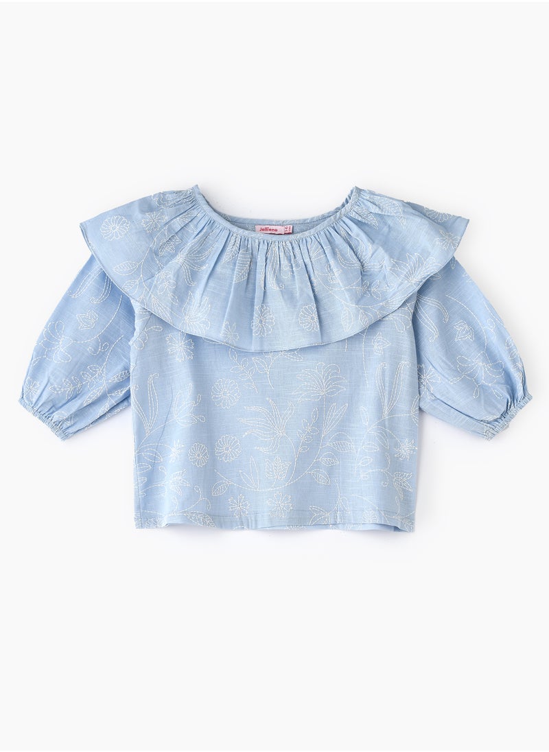 Jelliene Girls' Blue Frill Neck Embroidered Top  - Image 1
