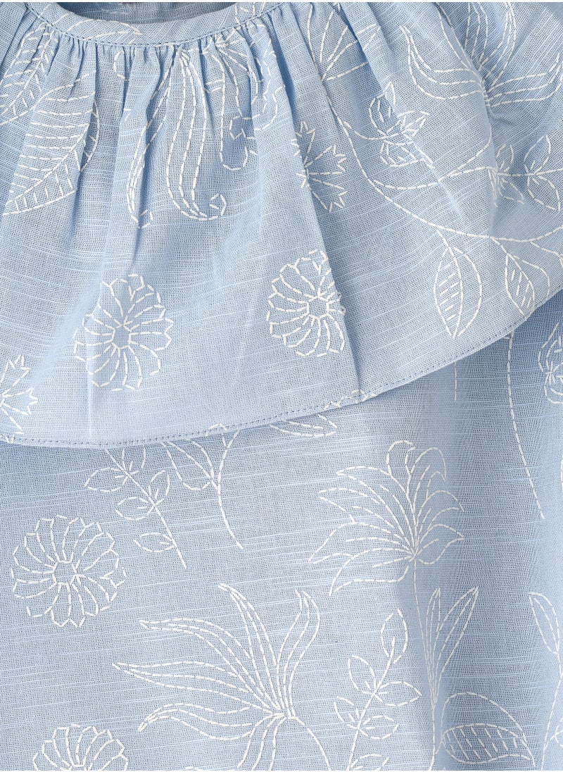 Jelliene Girls' Blue Frill Neck Embroidered Top  - Image 3