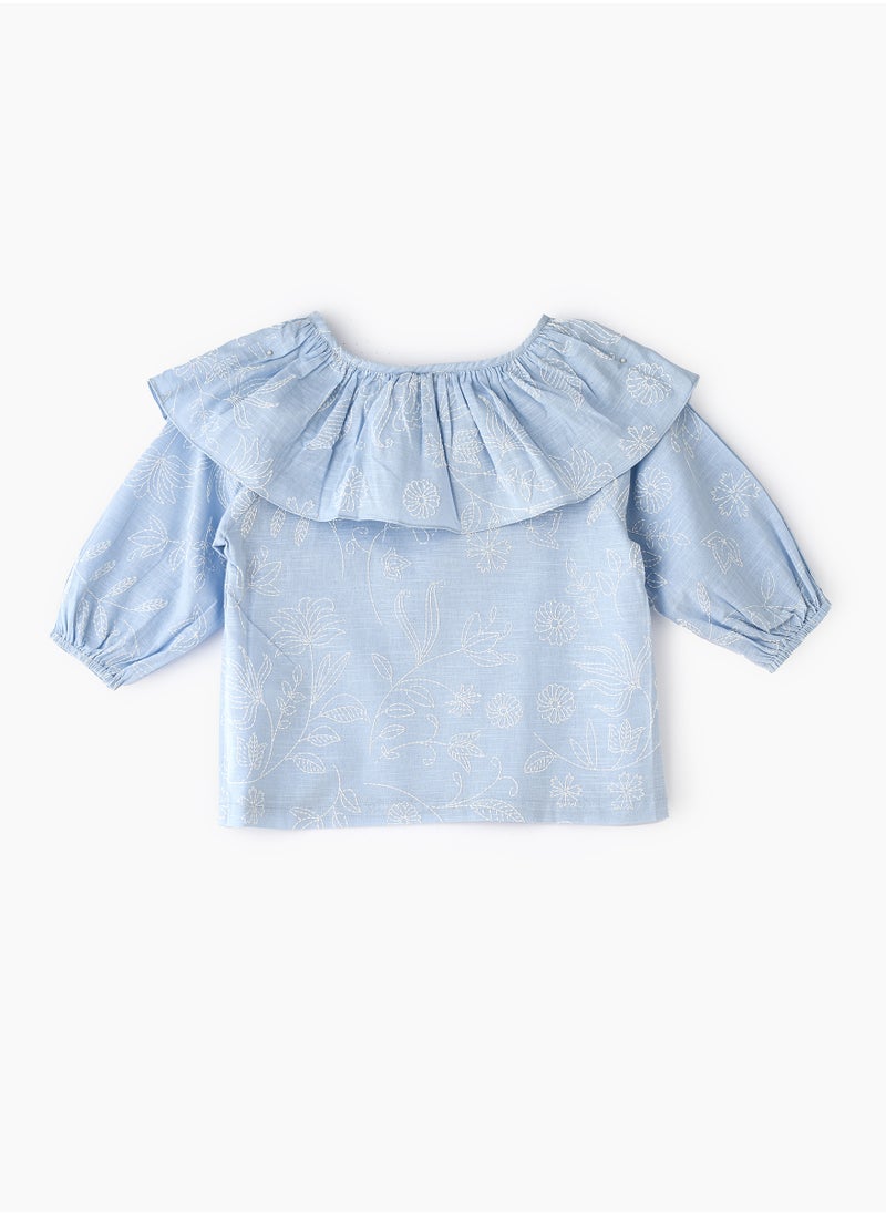 Jelliene Girls' Blue Frill Neck Embroidered Top  - Image 2