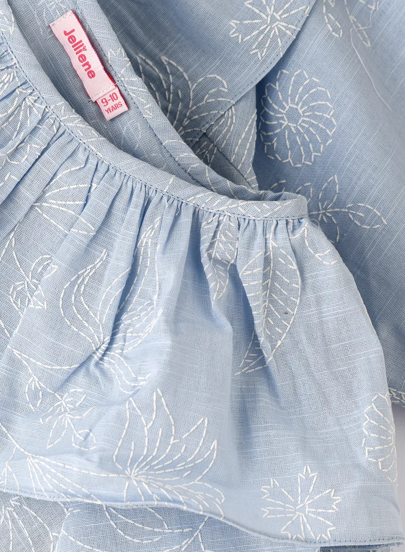 Jelliene Girls' Blue Frill Neck Embroidered Top