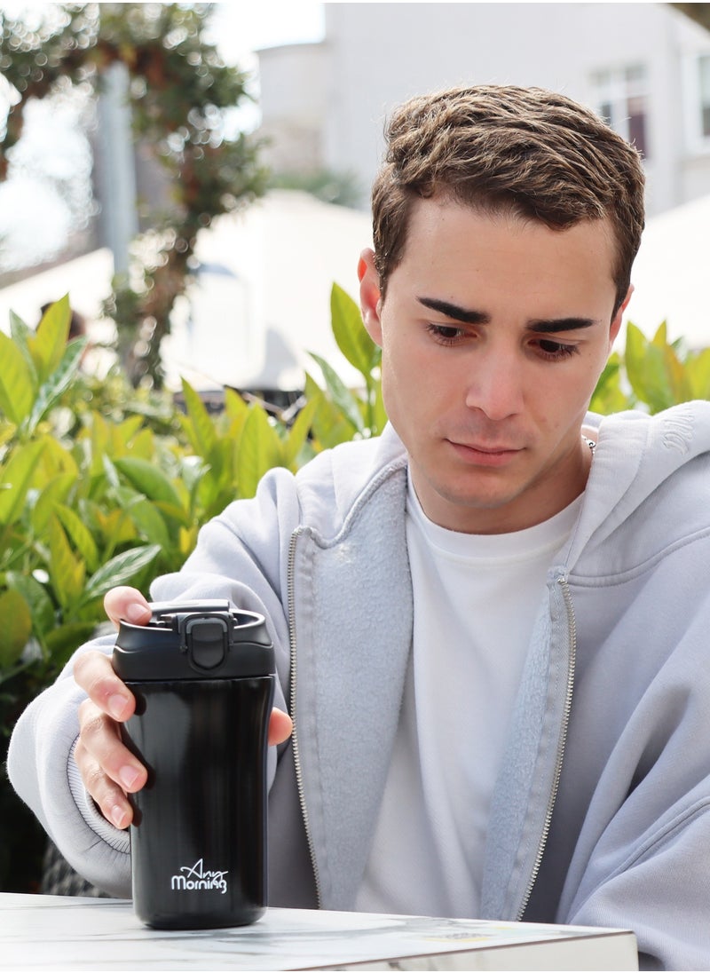 Any Morning Travel Coffee Mug with Lid and Straw 400ml, Insulated Stainless Steel Coffee Tumbler, Travel Coffee Cup for Hot and Cold Beverage, Leakproof and Spillproof, 14 oz, Black - SI232021  - Image 2