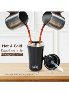 Any Morning Travel Coffee Mug with Lid and Straw 400ml, Insulated Stainless Steel Coffee Tumbler, Travel Coffee Cup for Hot and Cold Beverage, Leakproof and Spillproof, 14 oz, Black - SI232021  - Image 5