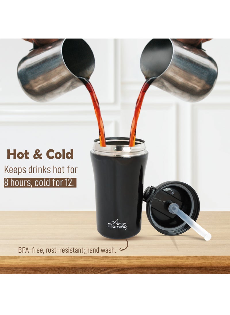 Any Morning Travel Coffee Mug with Lid and Straw 400ml, Insulated Stainless Steel Coffee Tumbler, Travel Coffee Cup for Hot and Cold Beverage, Leakproof and Spillproof, 14 oz, Black - SI232021  - Image 5