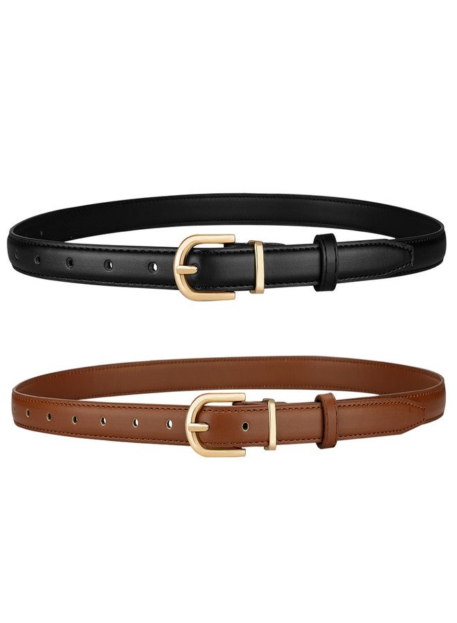 macoking Womens Skinny Belt - Gold Buckle, Synthetic Leather, Adjustable for Jeans Dresses, Black&Brown, S - Image 1