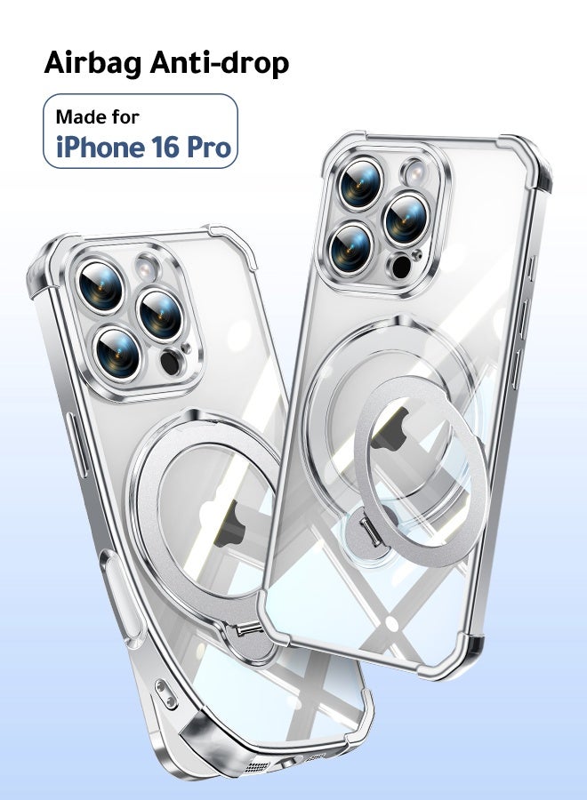 غطاء هاتف شفاف مغناطيسي لـ iPhone 16 Pro مقاس 6.3 بوصة، حامل حلقة دوارة بزاوية 360 درجة، متوافق مع MagSafe بقدرة 15 واط، حماية من السقوط بدرجة عسكرية، إطار فضي - Image 1