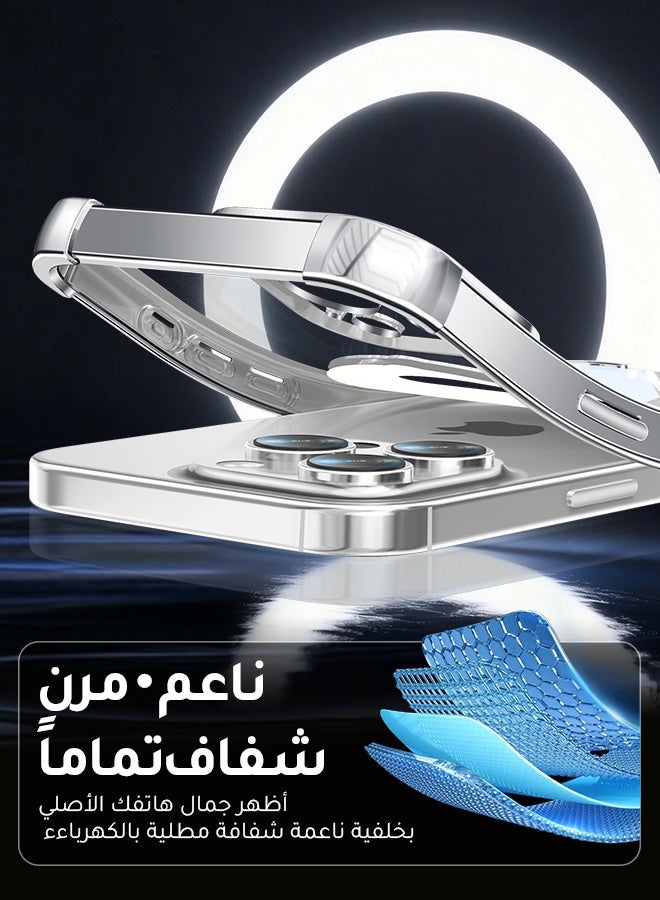 غطاء هاتف شفاف مغناطيسي لـ iPhone 16 Pro مقاس 6.3 بوصة، حامل حلقة دوارة بزاوية 360 درجة، متوافق مع MagSafe بقدرة 15 واط، حماية من السقوط بدرجة عسكرية، إطار فضي - Image 2