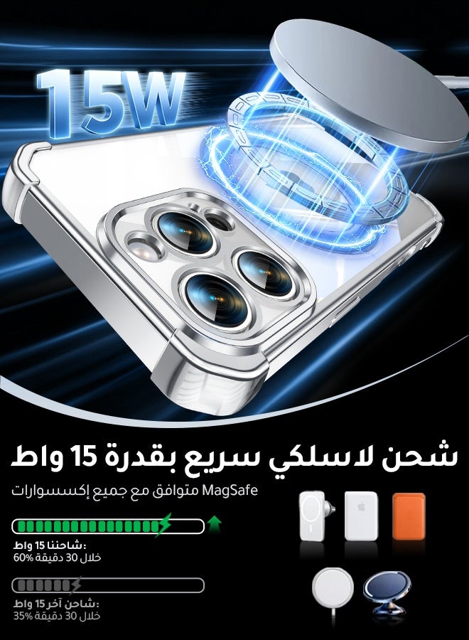غطاء هاتف شفاف مغناطيسي لـ iPhone 16 Pro مقاس 6.3 بوصة، حامل حلقة دوارة بزاوية 360 درجة، متوافق مع MagSafe بقدرة 15 واط، حماية من السقوط بدرجة عسكرية، إطار فضي - Image 4