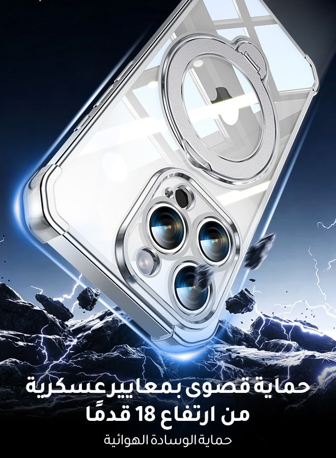 غطاء هاتف شفاف مغناطيسي لـ iPhone 16 Pro مقاس 6.3 بوصة، حامل حلقة دوارة بزاوية 360 درجة، متوافق مع MagSafe بقدرة 15 واط، حماية من السقوط بدرجة عسكرية، إطار فضي - Image 5