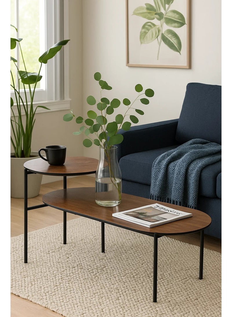 لوفت طاولة قهوة، أبعادها 118 × 43.2 × 48 سم، مصنوعة من خشب الجوز وخشب MDF مع سطحين وأرجل سوداء، متعددة الاستخدامات، طراز KEMI 2SH، رقم المنتج -197757A - Image 5