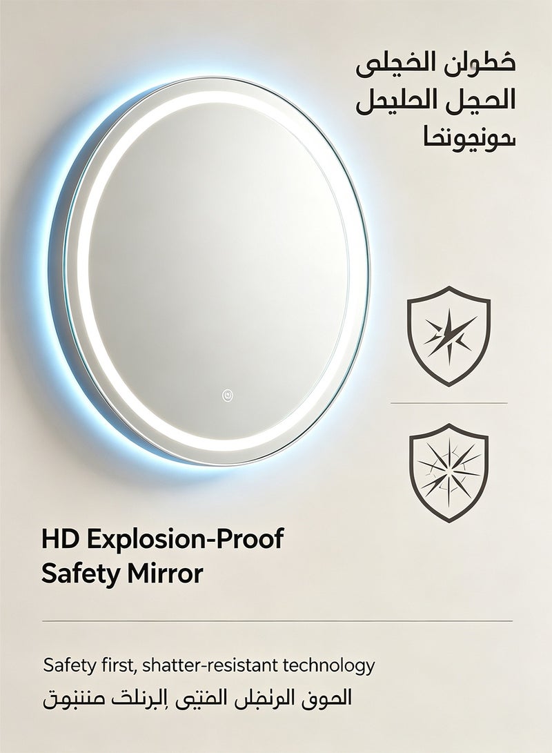 باور مرآة حمام مزودة بمصابيح LED مع تحكم ذكي باللمس، مرآة تجميل دائرية بإضاءة خلفية مزودة بوظيفة مقاومة الضباب، أوضاع إضاءة بثلاثة ألوان قابلة للتعديل، مرآة زخرفية فرنسية كلاسيكية تُثبَّت على الحائط للحمام وغرفة النوم وغرفة المكياج وديكور المنزل - Image 5