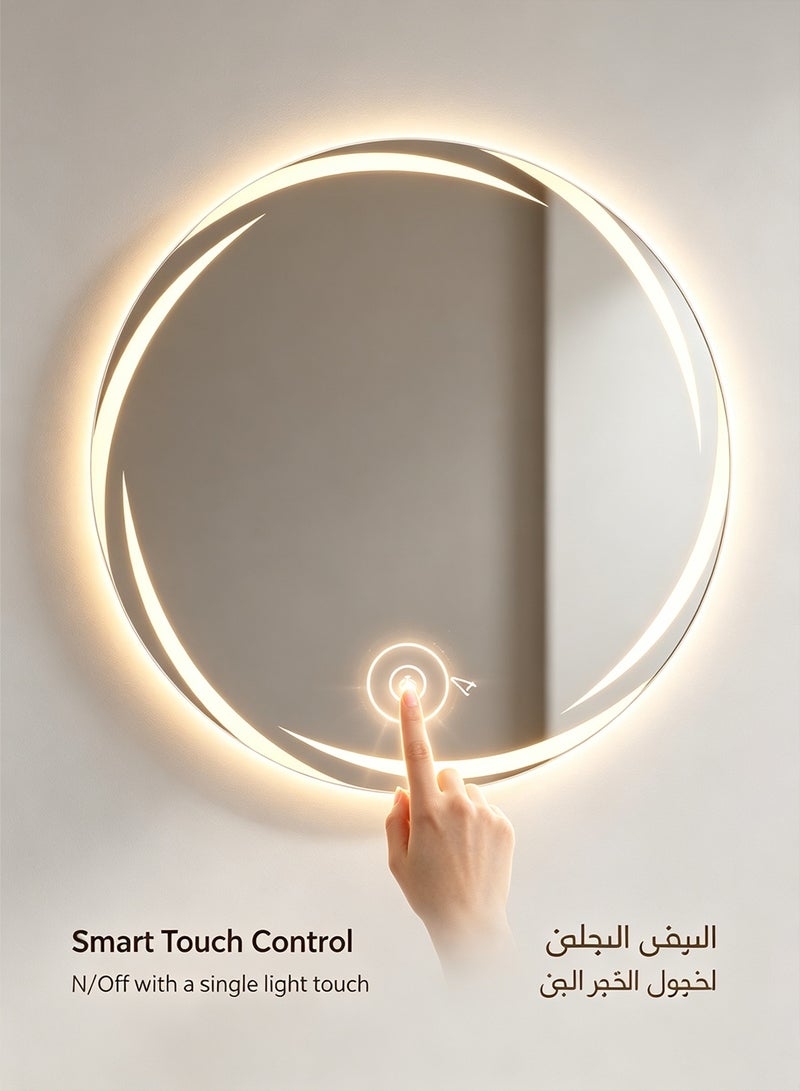 باور مرآة حمام مزودة بمصابيح LED مع تحكم ذكي باللمس، مرآة تجميل دائرية بإضاءة خلفية مزودة بوظيفة مقاومة الضباب، أوضاع إضاءة بثلاثة ألوان قابلة للتعديل، مرآة زخرفية فرنسية كلاسيكية تُثبَّت على الحائط للحمام وغرفة النوم وغرفة المكياج وديكور المنزل - Image 3