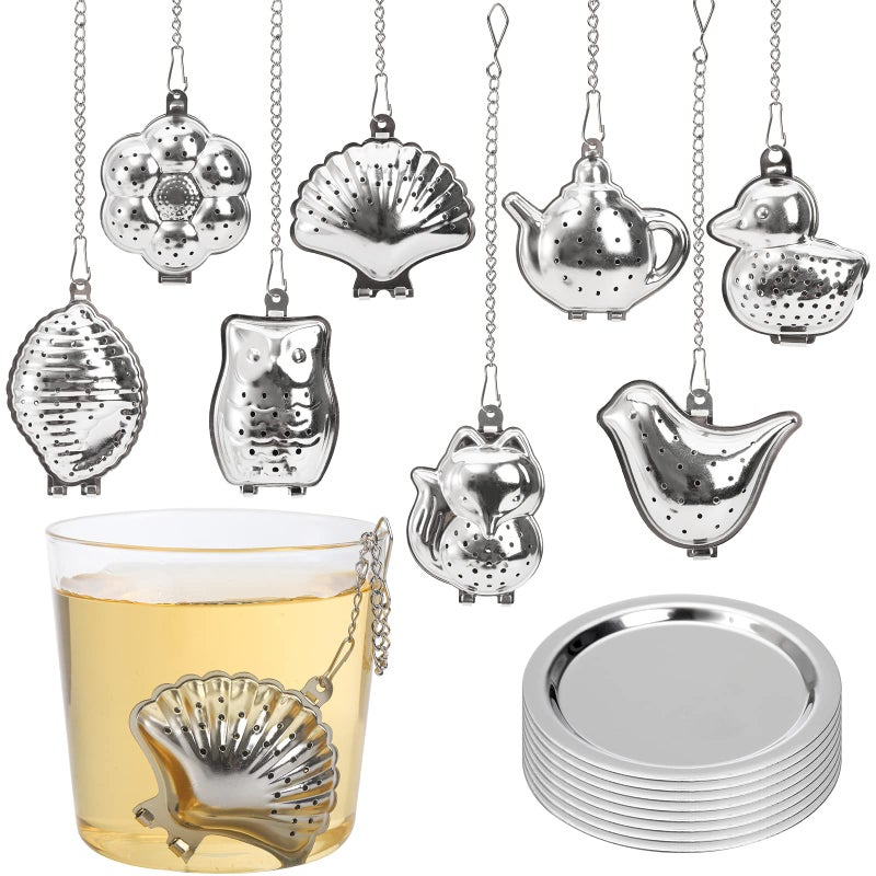Elsjoy Set of 8 Loose Leaf Tea Infusers with Chain and 8 Drip Trays 188 Stainless Steel Tea Balls Cute Tea Steepers Mini Tea Strainer Tea Filter Set for Mugs Tea Cups Teapots 16 Pcs
