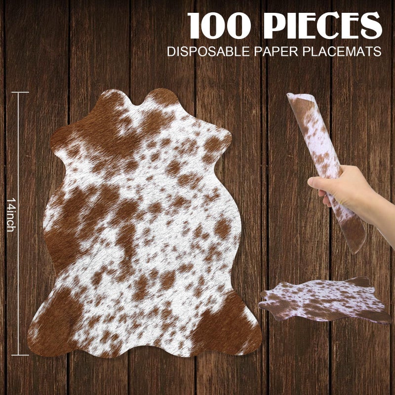 Kuabiz 100 Pcs Western Cow Print Place Mats Disposable Cowhide Print Paper Placemats Western Cow Printing Placemats for Holiday Banquet Kitchen Table Room Decor (Light Brown) - Image 2