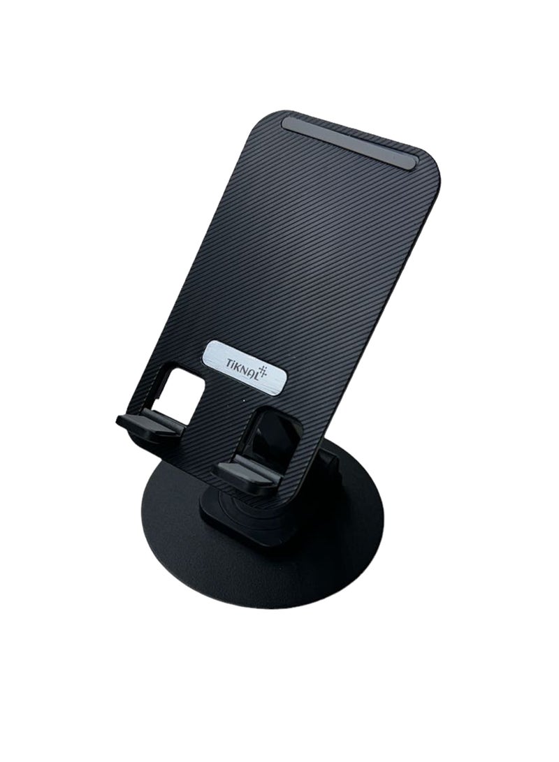 TIKNAL Desk Mount for Phones and Tablets with 360 Degree Rotation, Height and Shortening - Premium Foldable Stand in Black - Image 1