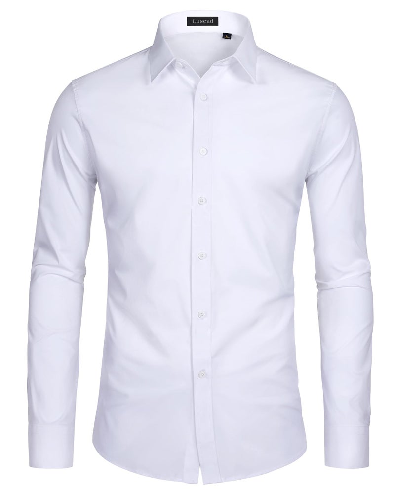 Lusead Mens White Dress Shirt Long Sleeve Regular Fit Wrinkle Free Button Up Shirt Thick Cotton Collared Wedding Club Party - Image 1