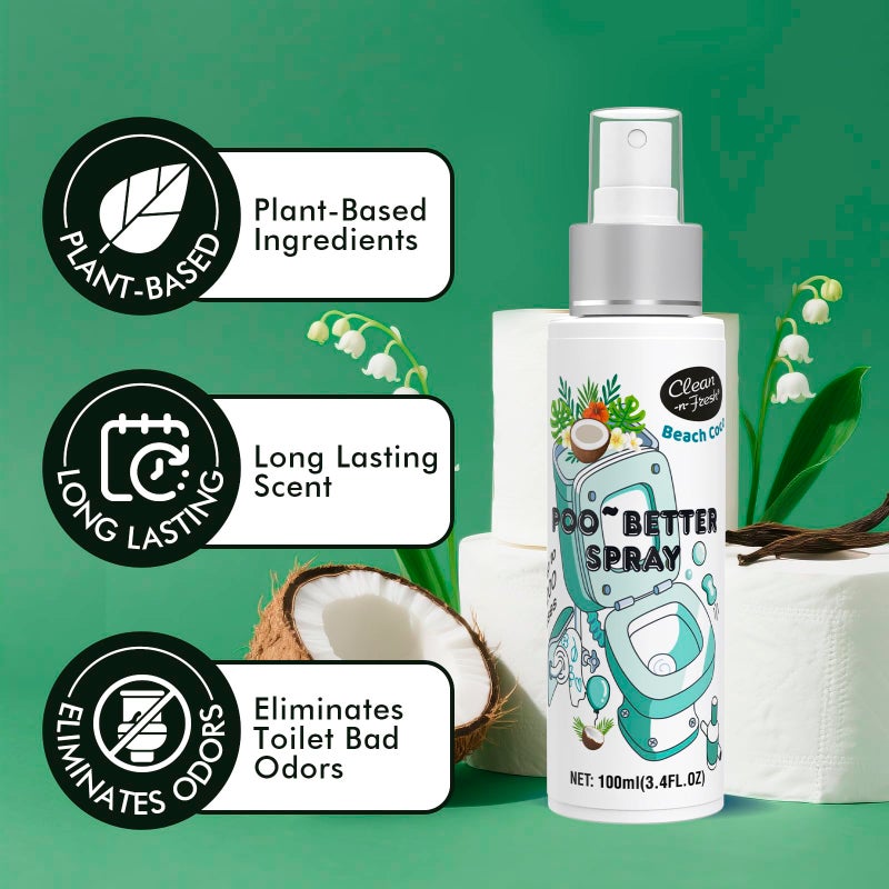 Clean-n-Fresh Toilet Spray 6.8 Fl.Oz, Poop Spray Beach Coco, Bathroom Air Fresheners Spray, Long Lasting Odor Eliminator - Coconut, Vanilla & Lily of the Valley - Image 2