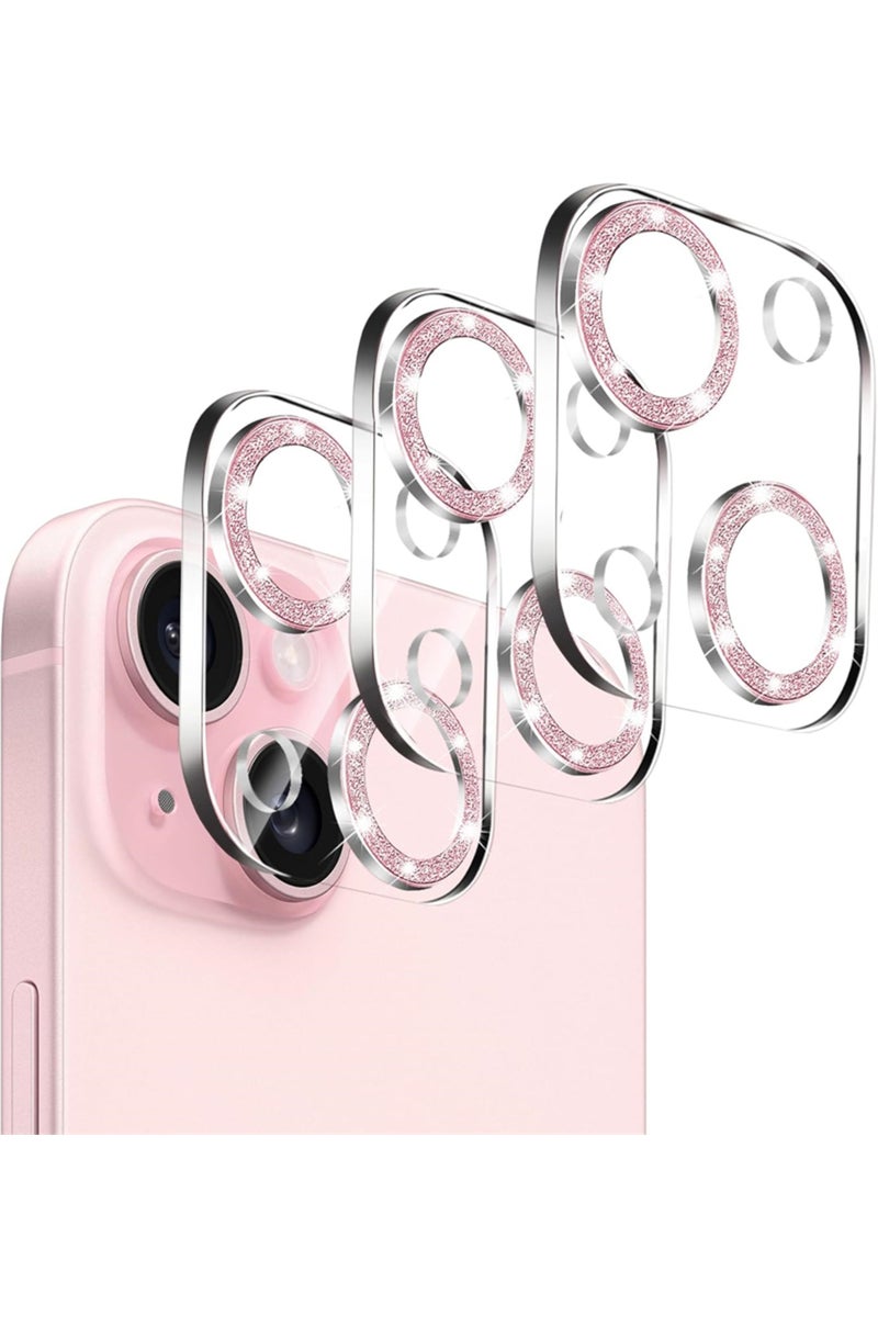 For iPhone 15 15Plus Pink 3PCS Bling Glitter Diamond Camera Lens Protector for IPhone 16 15 14 13 12