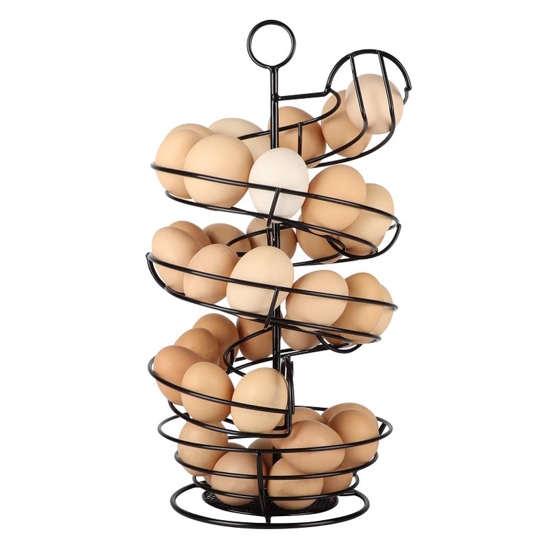 QUTREY Black Metal Egg Holder Countertop Fresh Egg Skelter Spiral Design Egg Dispenser Rack with Storage Basket for Kitchen