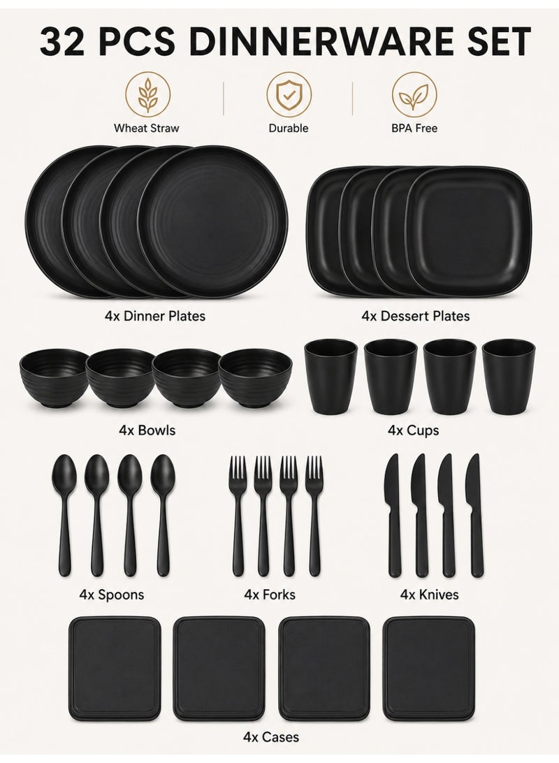 VINNYSEN Dinner Set Plastic Wheat Straw Dinnerware Set Plates and Bowls Set for Unbreakable Modern Dish Set Dessert Plate Cereal Bowl Cup for Kitchen Outdoor Camping Black - Image 2