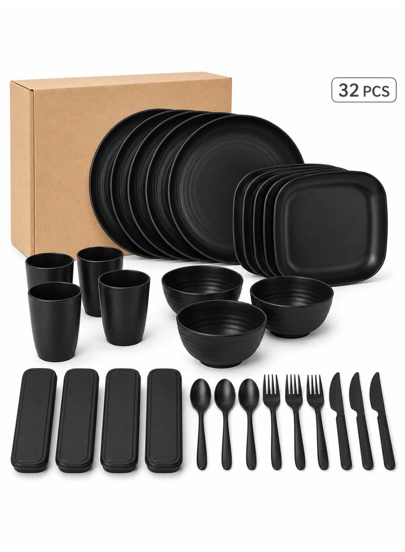 VINNYSEN Dinner Set Plastic Wheat Straw Dinnerware Set Plates and Bowls Set for Unbreakable Modern Dish Set Dessert Plate Cereal Bowl Cup for Kitchen Outdoor Camping Black - Image 1