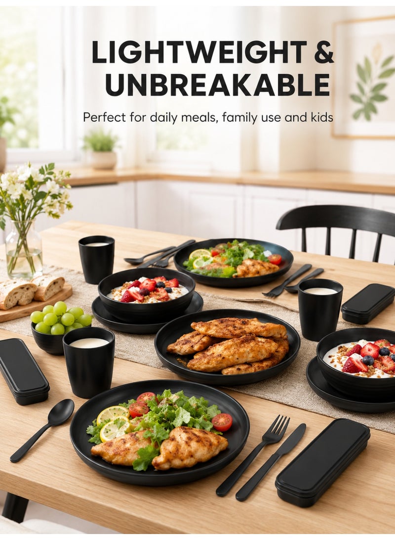 VINNYSEN Dinner Set Plastic Wheat Straw Dinnerware Set Plates and Bowls Set for Unbreakable Modern Dish Set Dessert Plate Cereal Bowl Cup for Kitchen Outdoor Camping Black - Image 3