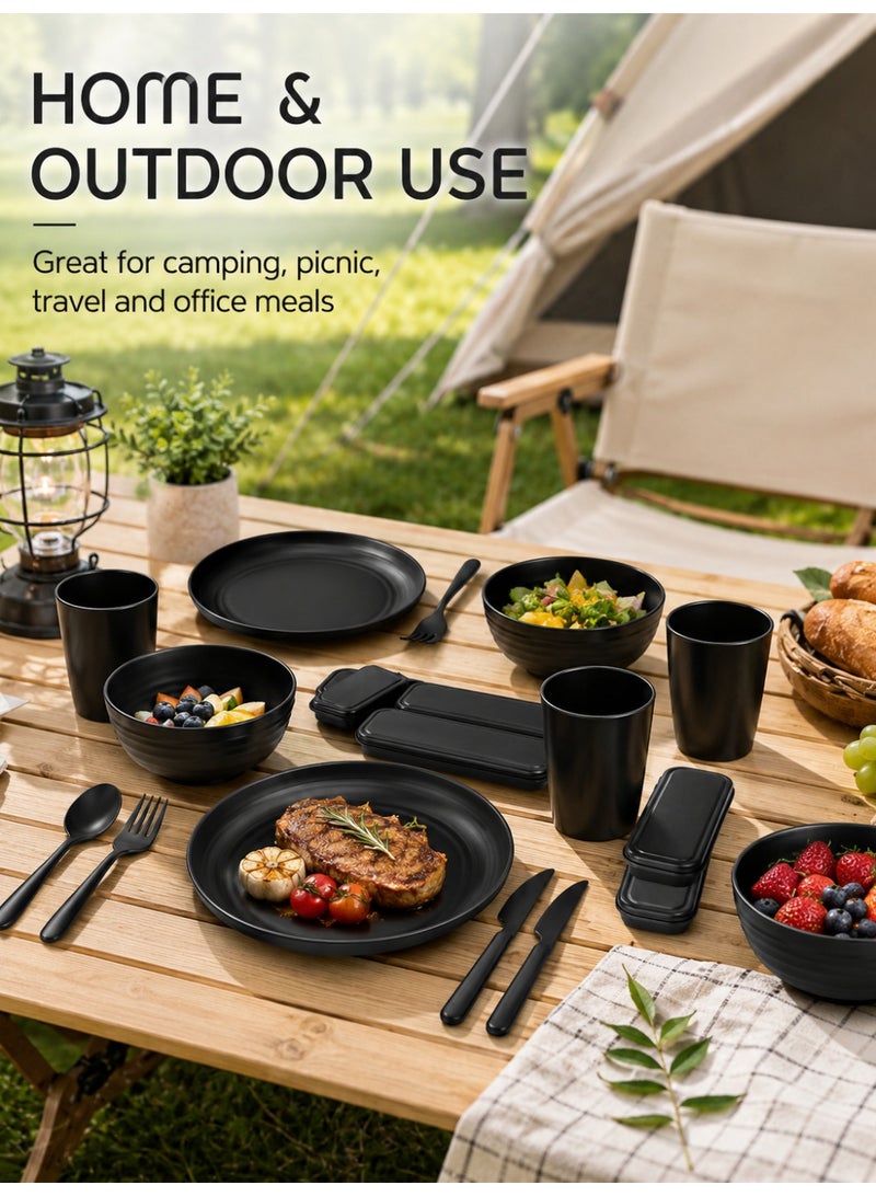 VINNYSEN Dinner Set Plastic Wheat Straw Dinnerware Set Plates and Bowls Set for Unbreakable Modern Dish Set Dessert Plate Cereal Bowl Cup for Kitchen Outdoor Camping Black - Image 4