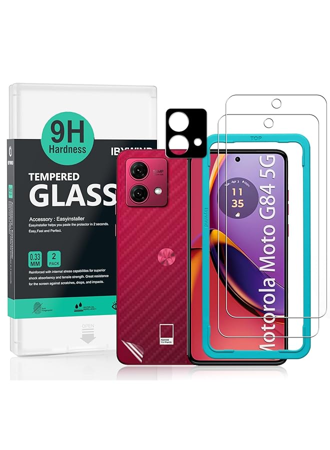 Ibywind 2 Pack Screen Protector For Motorola Moto G84 5G 6.5 Inch Not For Motorola Moto G82 5G G72 5G G73 5G G62 5G 9H Hardness Tempered Glass With 1Pc Camera Lens Protector 1Pc Back Carbon Fiber Film - Image 1