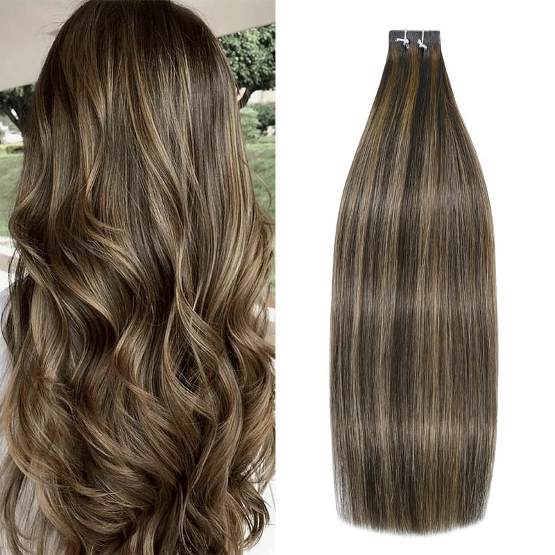 WindTouch Tape in Hair Extensions Human Hair Balayage Chocolate Brown to Caramel Blonde Invisible Tape in Hair Extensions Human Hair Skin Weft 16Inch 50g 20PCS Soft Straight Tape in Extensions