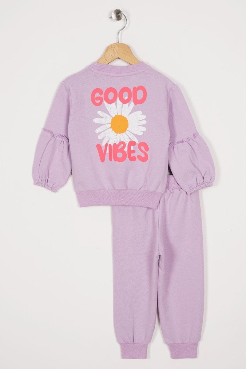 Zepkids Crew Neck Long Sleeve Flower Patterned Lilac Color Girl Tracksuit Set  - Image 3