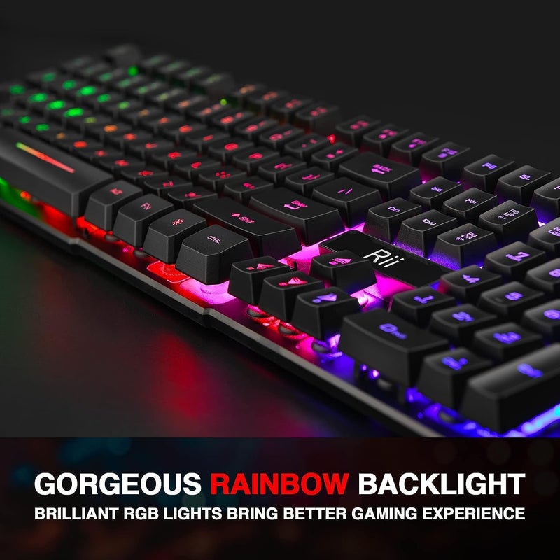 Rii RK100+ Multiple Color Rainbow LED Backlit Large Size USB Wired Mechanical Feeling Multimedia PC Gaming Keyboard,Office Keyboard for Working or Primer Gaming,Office Device - Image 3